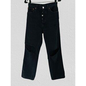 RE/DONE Denim Distressed Pants Strait Cut High Rise Front Buttons  Size 27